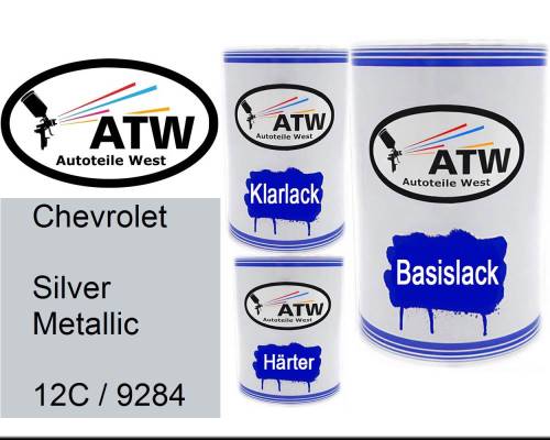 Chevrolet, Silver Metallic, 12C / 9284: 500ml Lackdose + 500ml Klarlack + 250ml Härter - Set, von ATW Autoteile West.